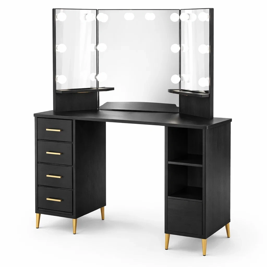 Coiffeuse en bois et métal noir et or avec miroir trifold éclairé LED-DREAM HAVEN PLACE
