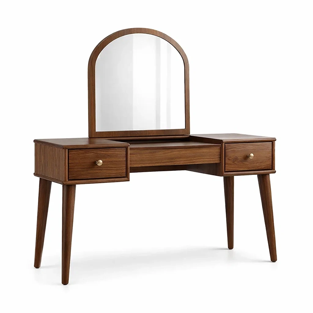 Coiffeuse en bois de noyer avec miroir arqué et 2 tiroirs-DREAM HAVEN PLACE