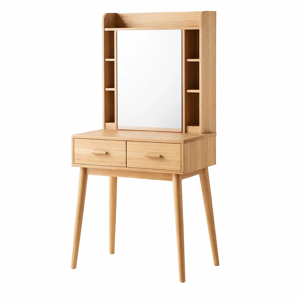 Coiffeuse en bois de chêne avec miroir et étagères-DREAM HAVEN PLACE