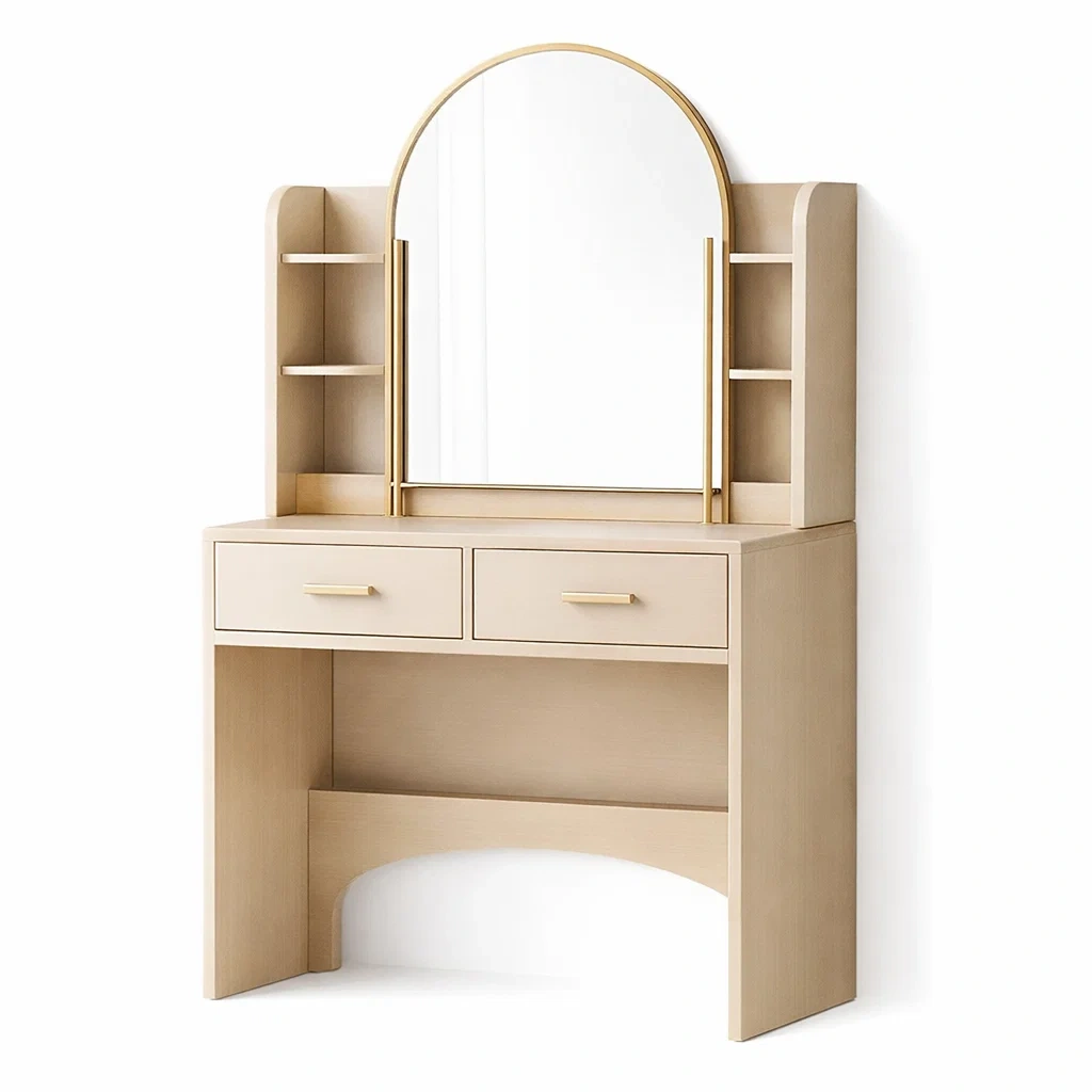 Coiffeuse en bois clair avec miroir arqué et étagères-DREAM HAVEN PLACE
