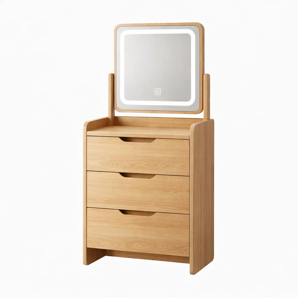 Coiffeuse en bois de chêne avec miroir LED et trois tiroirs-DREAM HAVEN PLACE