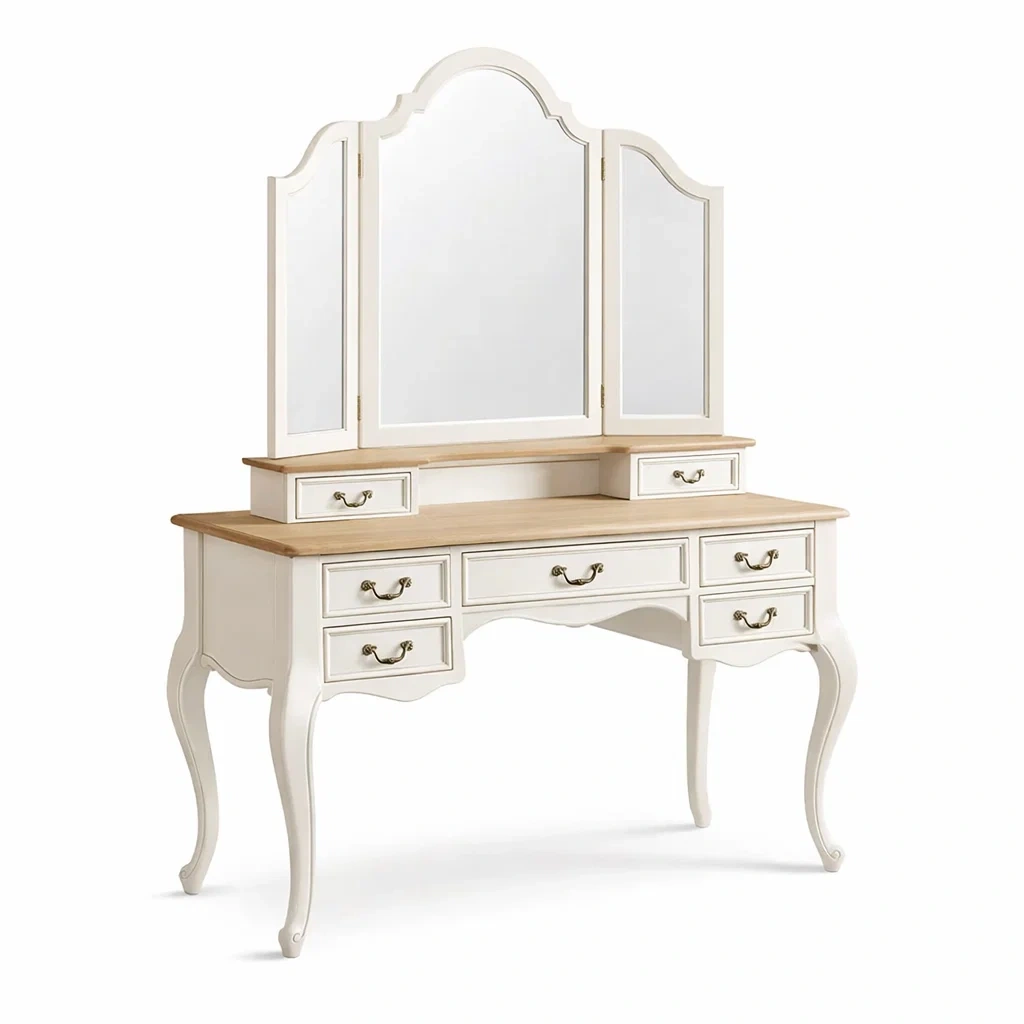 Coiffeuse en bois avec miroir trifold blanc et naturel-DREAM HAVEN PLACE