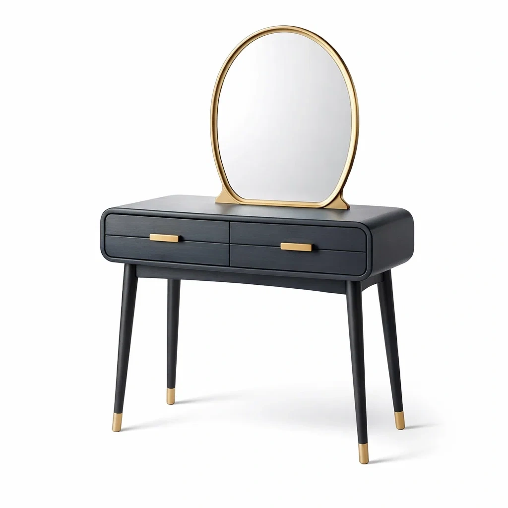 Coiffeuse en bois MDF noir avec miroir en métal doré-DREAM HAVEN PLACE