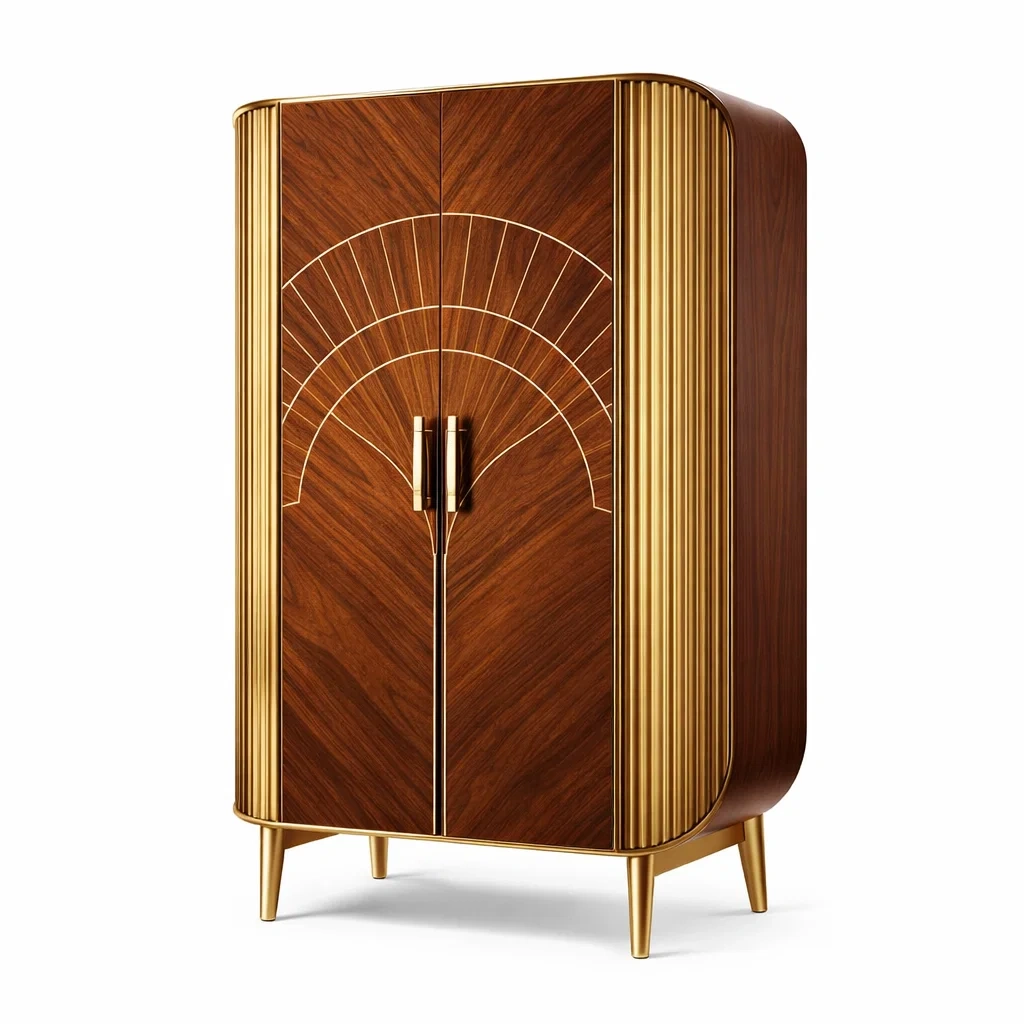 Armoire en bois placage noyer avec accents métalliques dorés 180x100x50 cm-DREAM HAVEN PLACE
