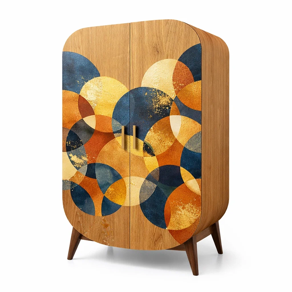 Armoire en bois avec motif de cercles multicolores-DREAM HAVEN PLACE