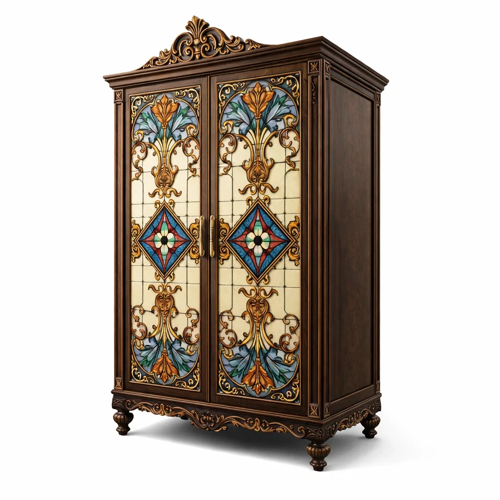 Armoire en bois avec vitrail décoratif classique-DREAM HAVEN PLACE