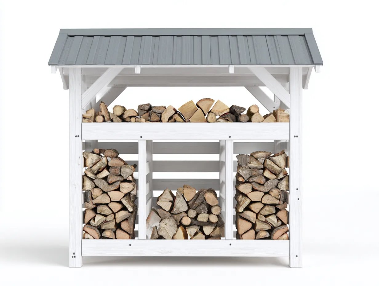 Leñero de jardín madera con techo metálico 120x60x150 cm - blanco-gris - almacenamiento exterior para leña-Homimyshop