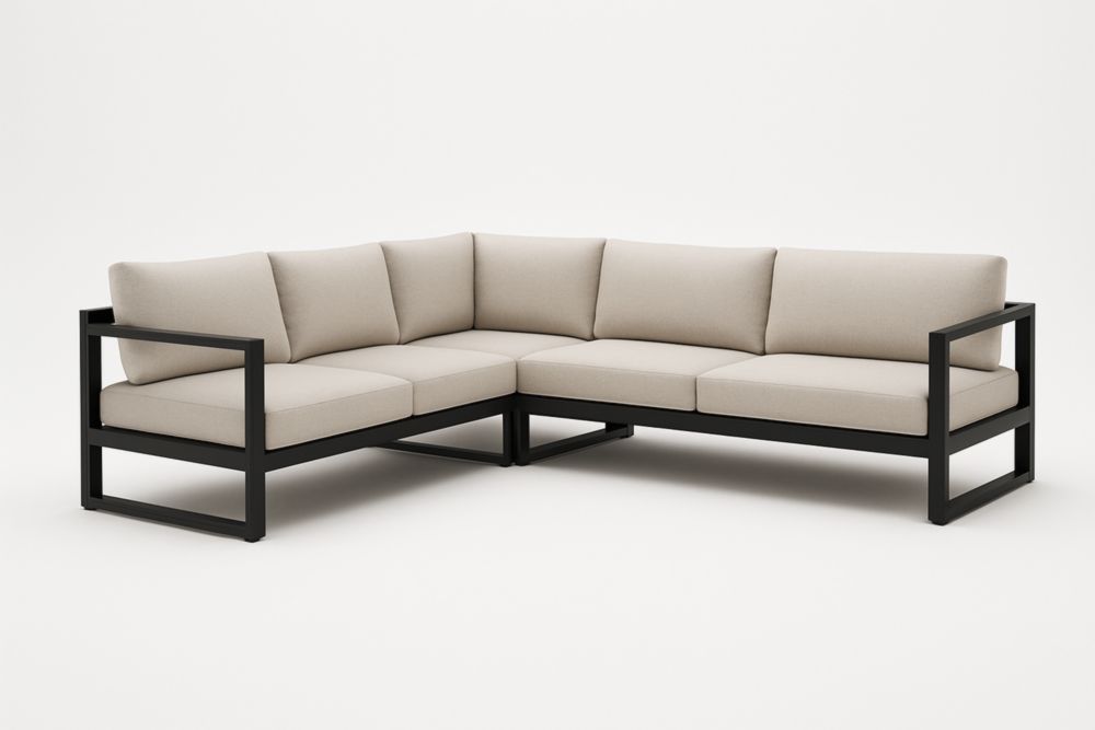 Divano ad angolo in tessuto beige con struttura in alluminio nero