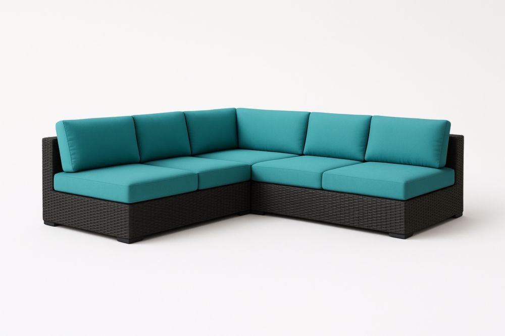 Divano ad angolo in rattan sintetico nero con cuscini turchesi 220x220x70 cm