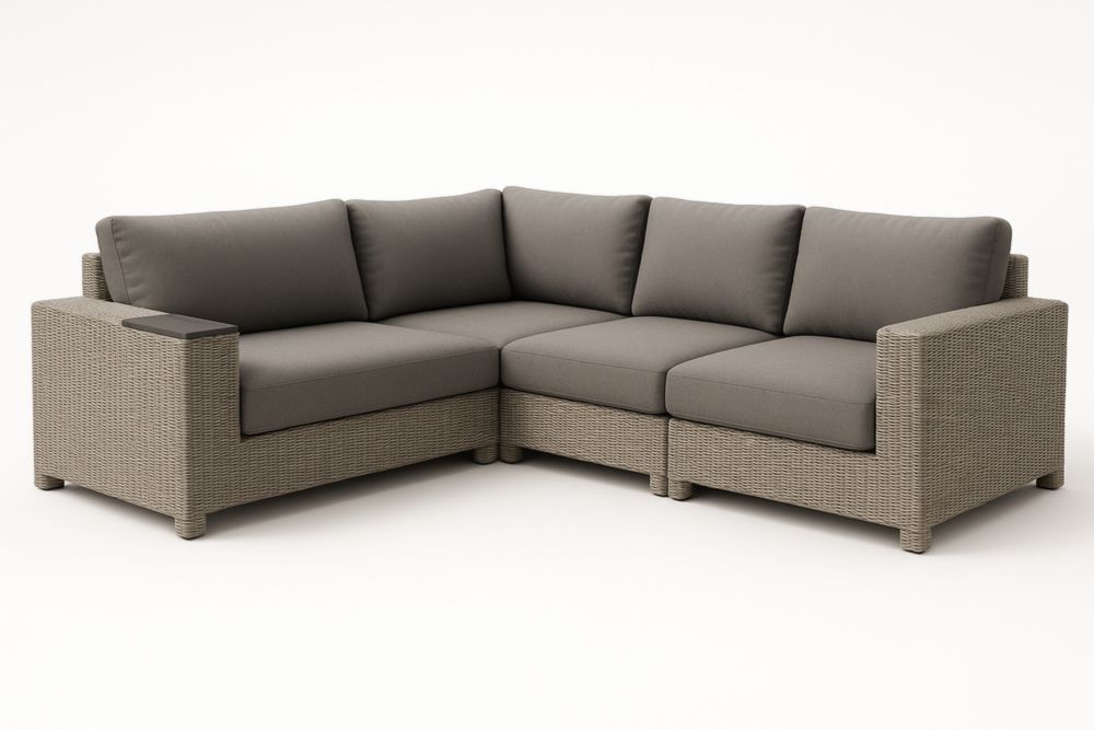 Divano ad angolo in rattan sintetico grigio con cuscini 4 posti