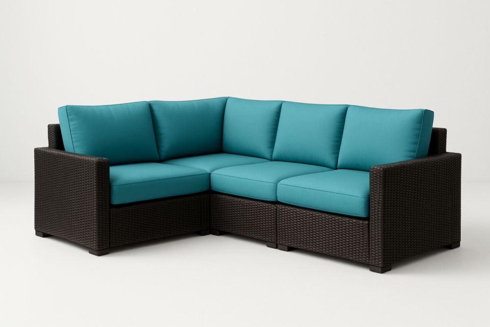 Divano ad angolo modulare da esterno in rattan sintetico con cuscini turchesi