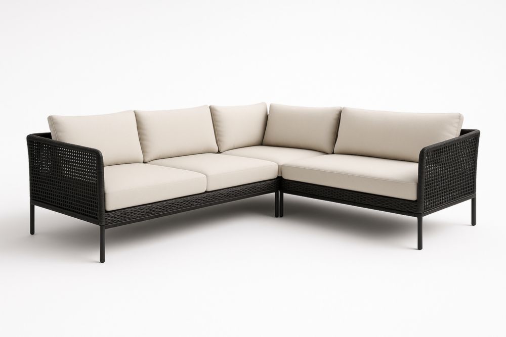 Divano ad angolo in metallo e rattan sintetico con cuscini in poliestere Nero e Beige