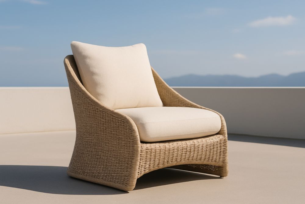 Poltrona in Rattan Intrecciato per Esterni con Cuscini Beige