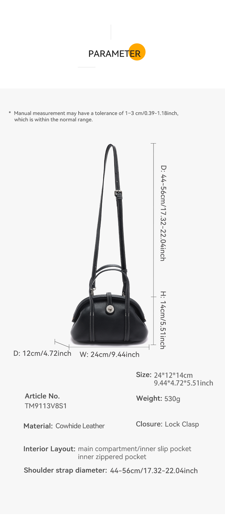 Dumpling Bag for Women – Premium Leather Handle & Crossbody Bag for Work & Everyday Use – Elegant & Versatile 24cm