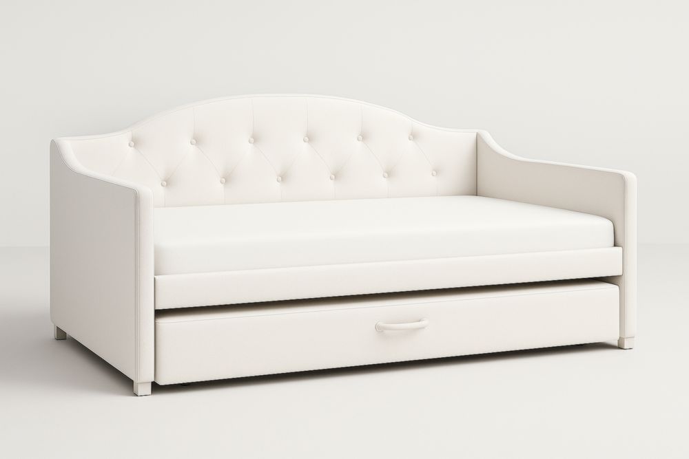 Letto giorno singolo in MDF con rivestimento in ecopelle bianca e cassetto