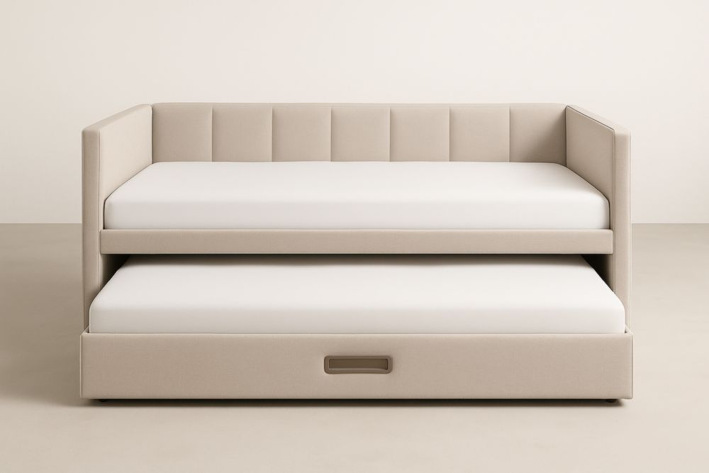 Letto giorno imbottito estraibile in tessuto poliestere crema con materasso