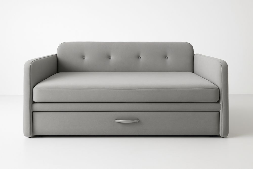 Letto da giorno in tessuto grigio in poliestere con contenitore