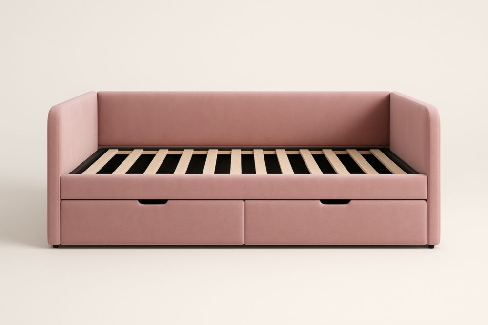 Daybed in legno massello e velluto con cassetti rosa