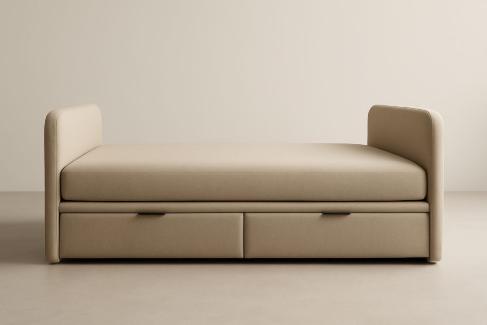 Daybed singolo in tessuto di lino beige con contenitore 200x90x80 cm(Lu×L×H)