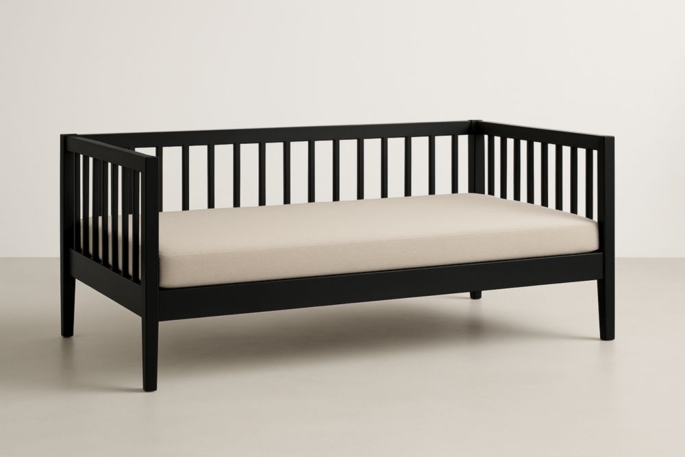 Daybed in legno di pino nero con materasso in cotone beige