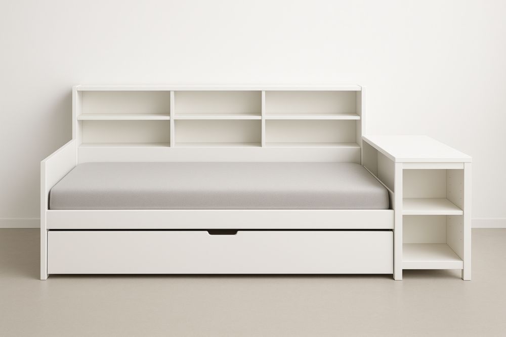 Daybed bianco in MDF con libreria e cuscino grigio