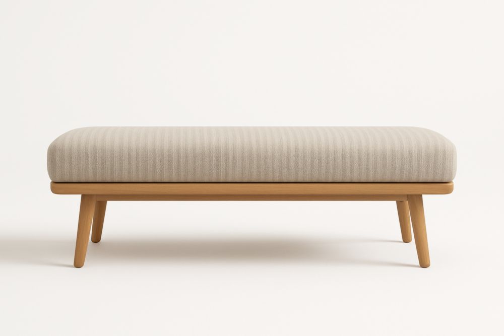 Panca fondo letto in tessuto beige con gambe in legno massello