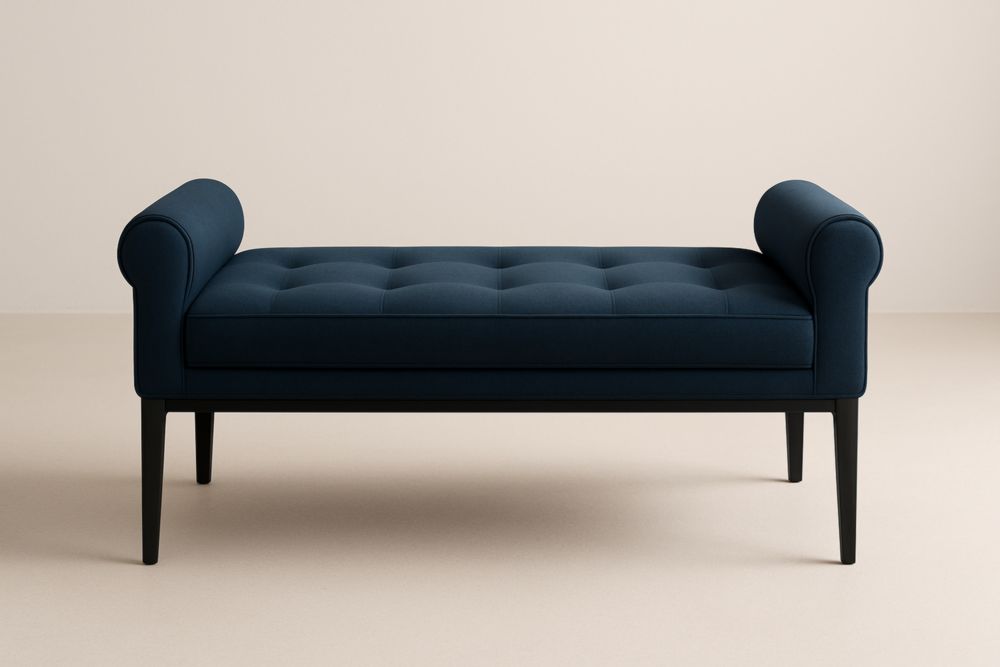 Panca fondo letto in legno e tessuto blu con braccioli cilindrici