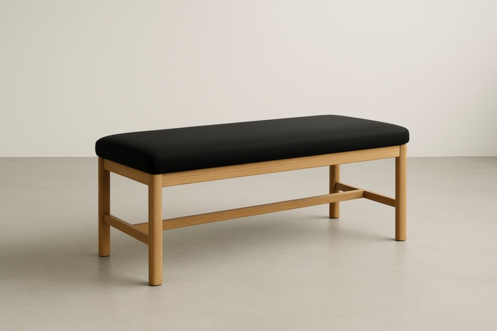 Panca fondo letto nera in tessuto con struttura in legno di quercia