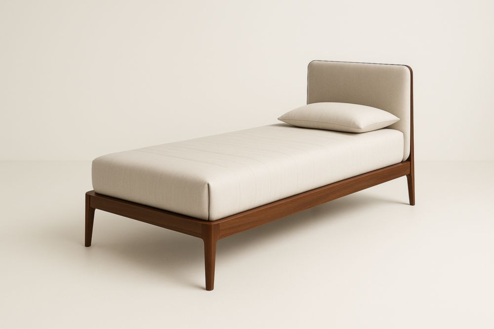 Letto singolo legno massello noce tessuto poliestere beige