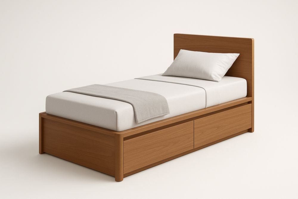 Letto singolo in legno massello con cassetti e testiera