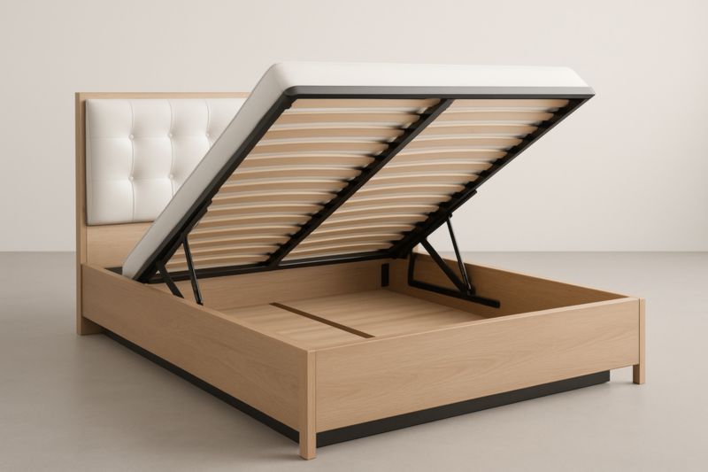 Letto Contenitore 160x200 in Rovere Massello con Testiera in PU Bianco e Telaio in Acciaio