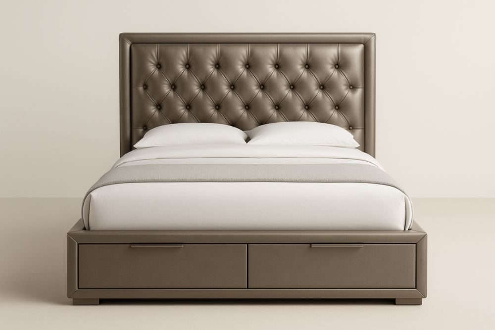 Letto contenitore matrimoniale in ecopelle marrone con cassettone e testiera trapuntata