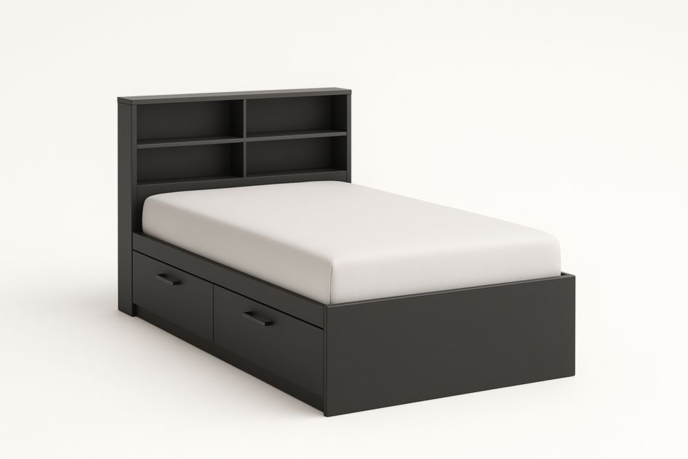 Letto singolo contenitore in legno compensato con testiera libreria e cassetti, nero