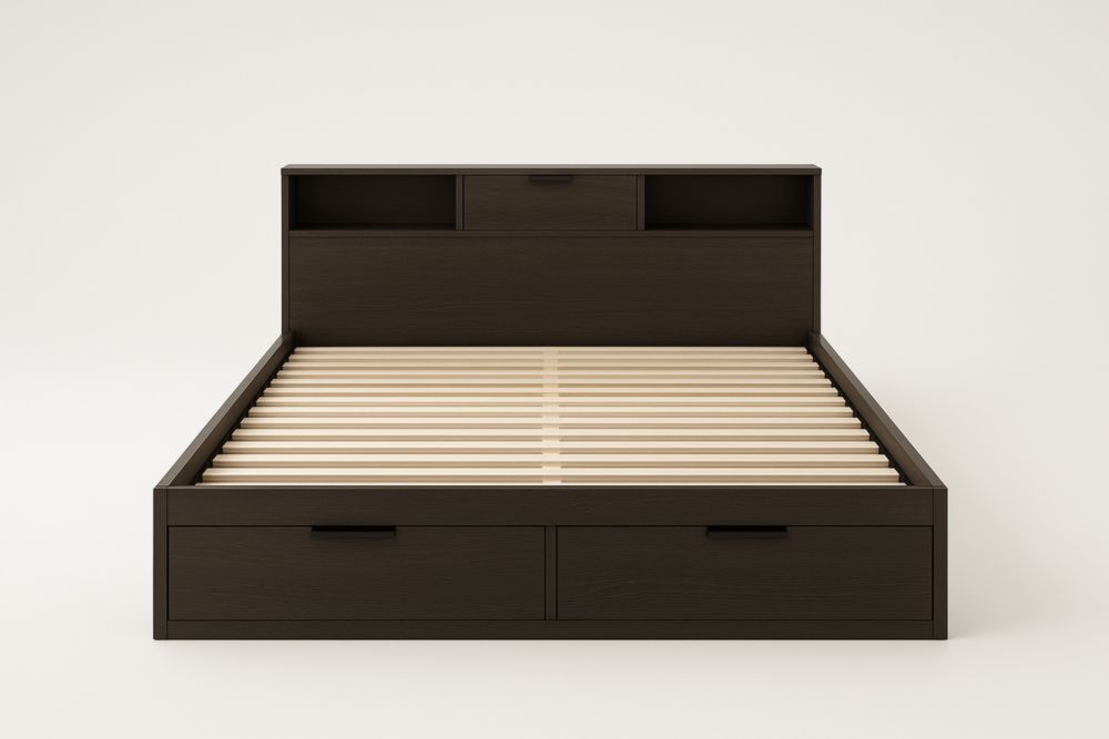 Letto matrimoniale in legno massello nero con contenitore e scaffali