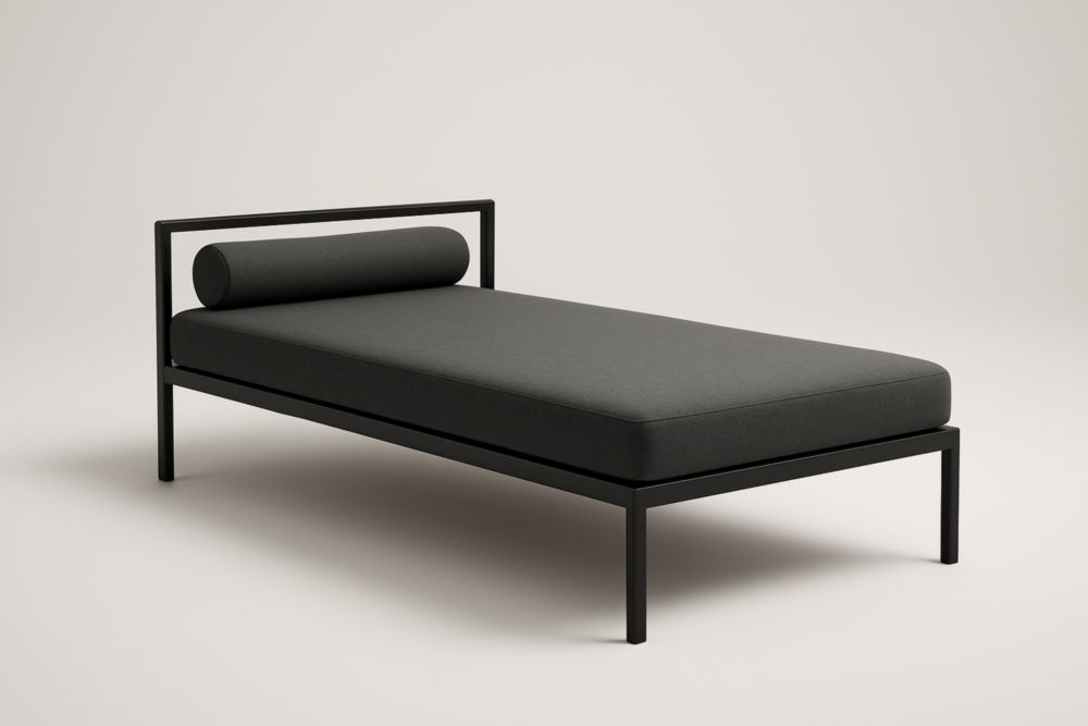 Letto singolo in acciaio nero con rivestimento in tessuto di poliestere grigio