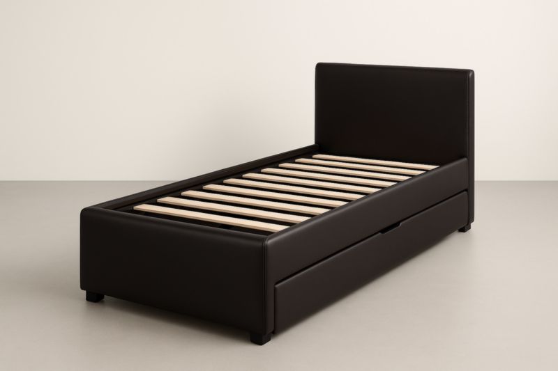 Letto Singolo 90x200 Nero con Struttura in Compensato, Doghe in Pino e Cassetto Estraibile
