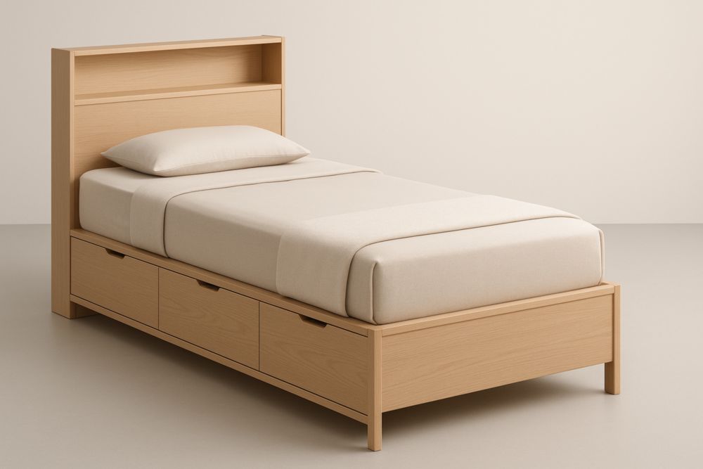 Letto contenitore singolo in legno massello con libreria integrata