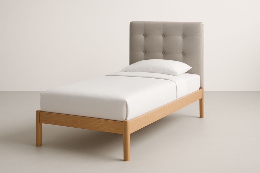 Letto singolo in legno di quercia con testiera imbottita in tessuto poliestere grigio chiaro