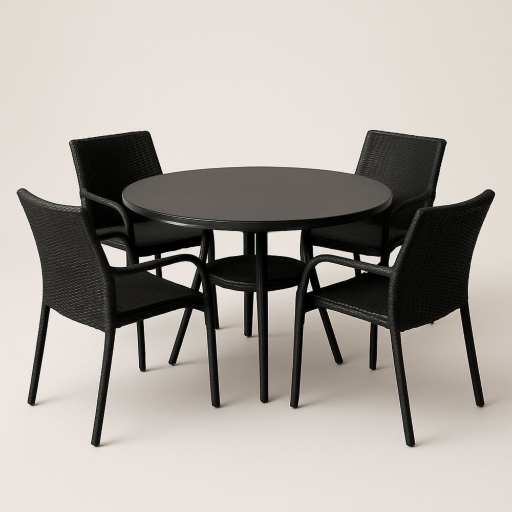 Set Tavolo Rotondo con 4 Sedie in Metallo e Rattan Nero