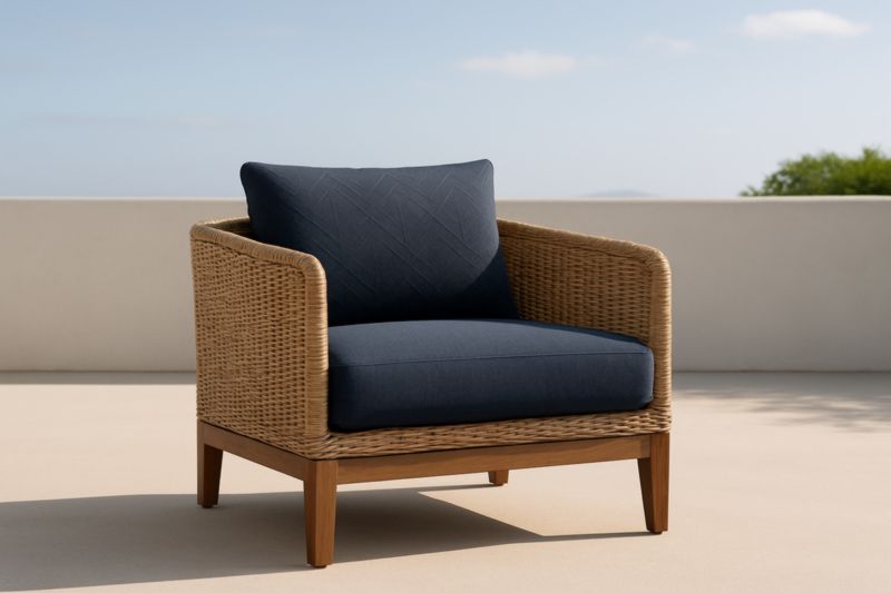 Poltrona da Esterno in Rattan Sintetico con Cuscini in Tessuto Blu