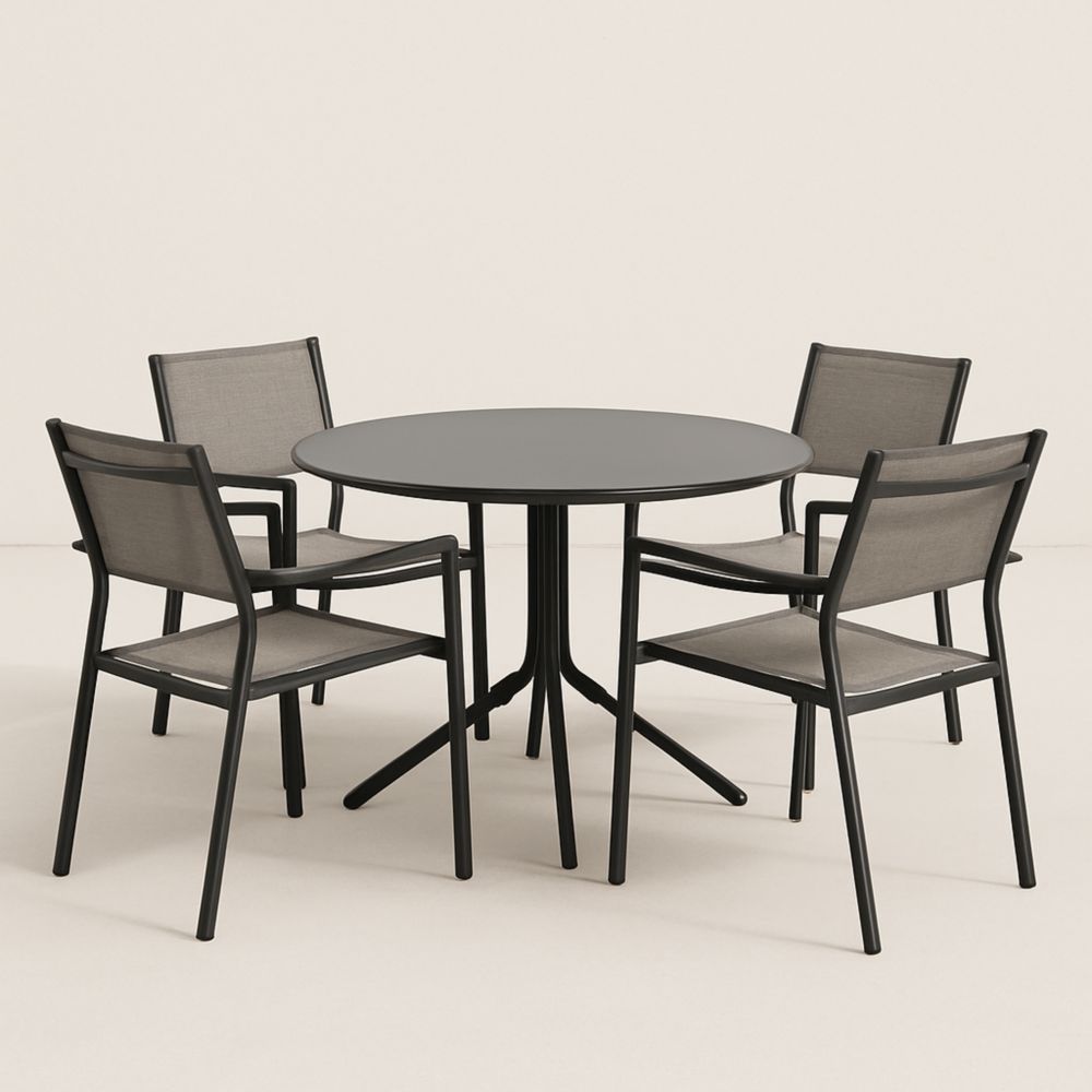 Set Tavolo Rotondo in Metallo e Sedie con Telaio in Metallo e Tessuto Grigio, Tavolo Ø120 cm, Sedie 65x63x90 cm