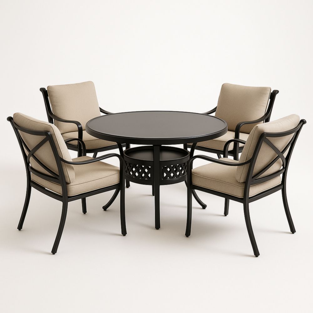 Set Tavolo Rotondo da Esterni in Alluminio con 4 Sedie Rivestite in Poliestere