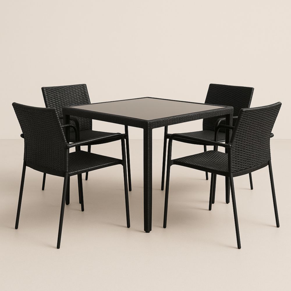 Set Tavolo e Sedie da Esterno in Rattan Sintetico e Vetro Nero