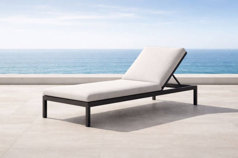 Chaise longue d'extérieur avec cadre en aluminium noir et assise en polyester blanc