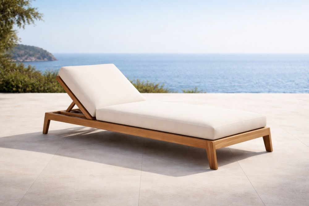 Chaise longue en teck avec coussin beige