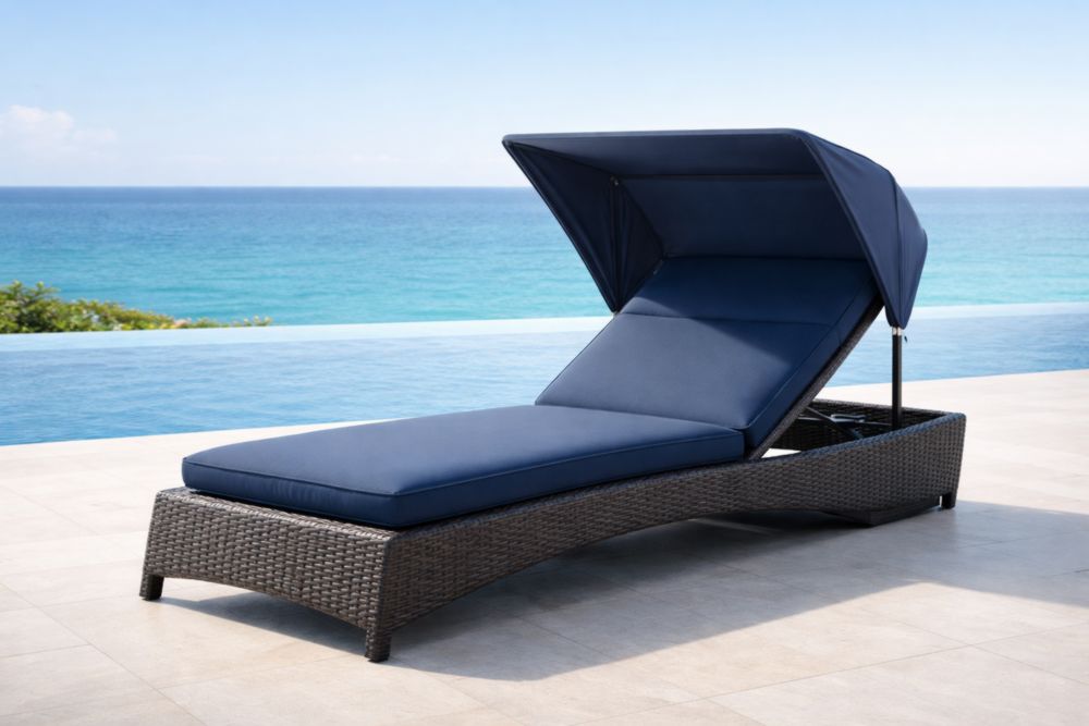 Chaise Longue d'Extérieur en Résine avec Coussin Bleu et Parasol