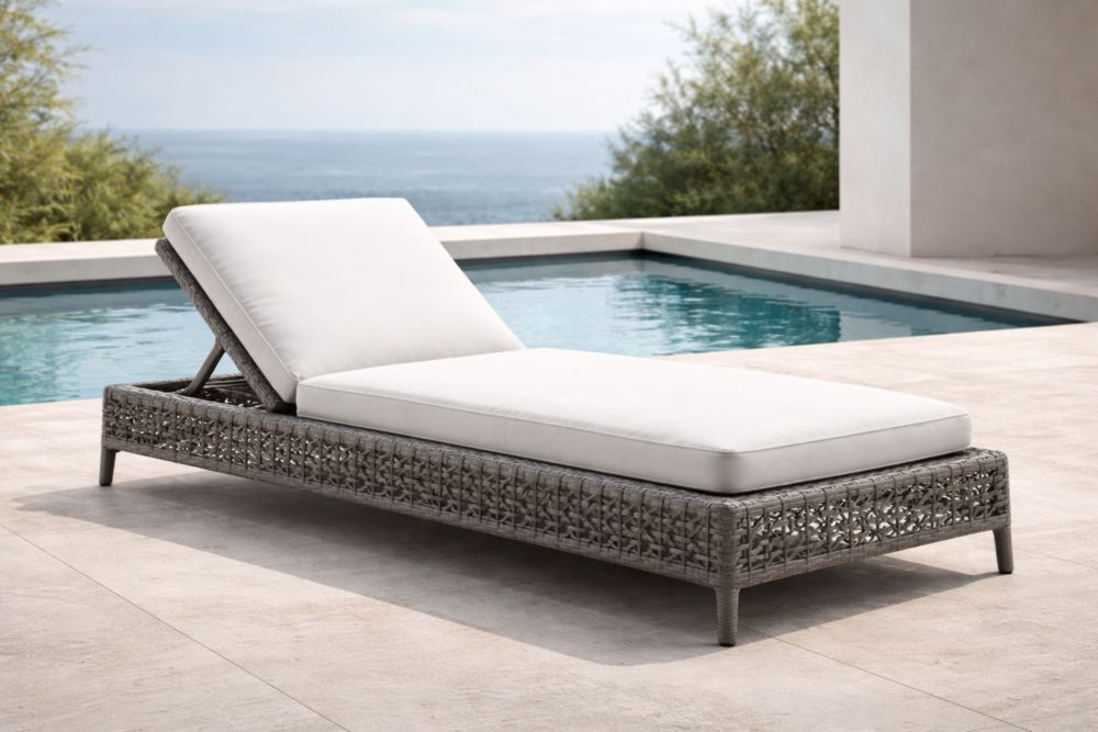 Chaise longue en résine tressée réglable avec coussin Blanc