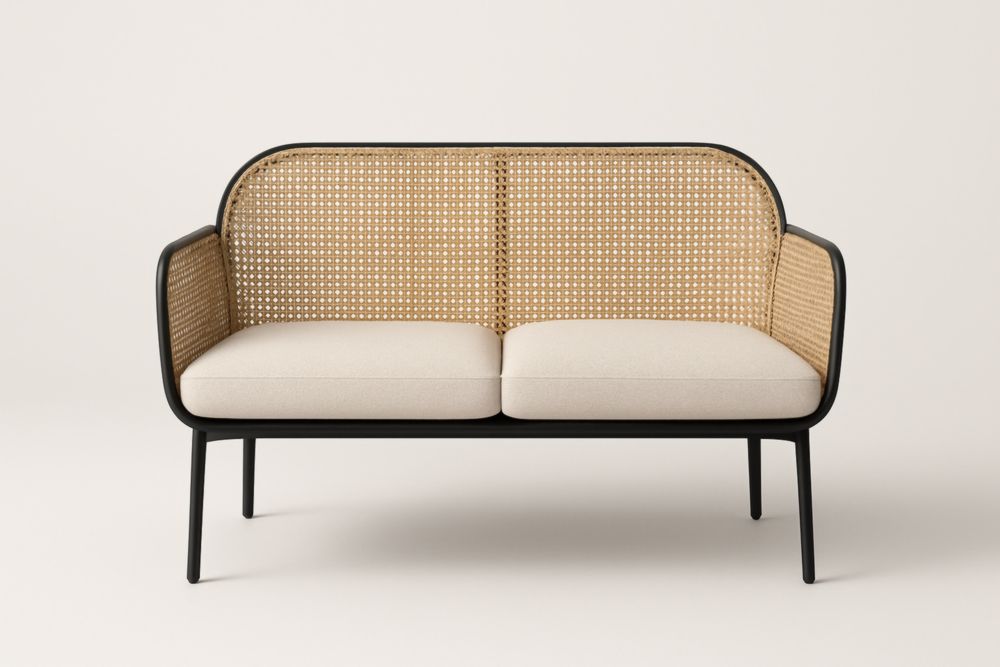 Canapé 2 places en rotin et tissu noir et crème