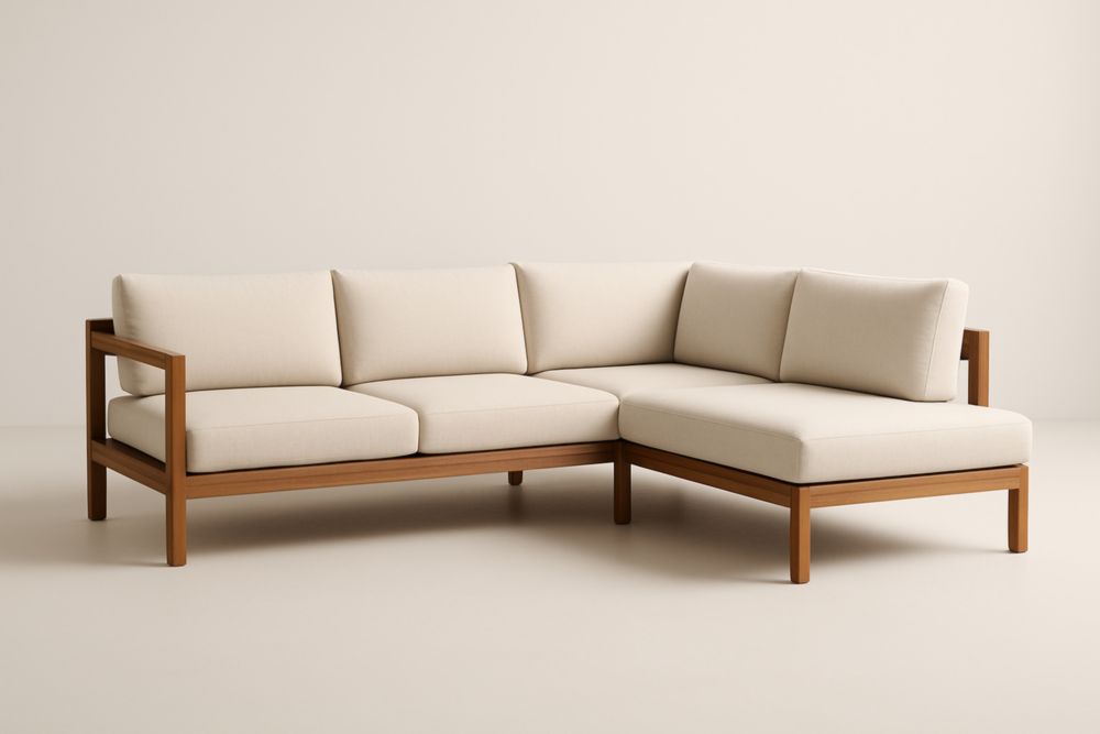 Canapé d'angle en bois et tissu beige