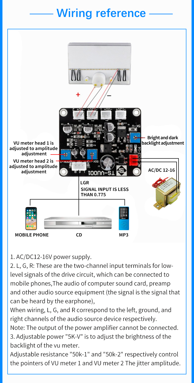 Customizable TN-105 Stereo Analog VU Meter Audio Power Level dB Panel for Amplifier Mixer Studio Equipment
